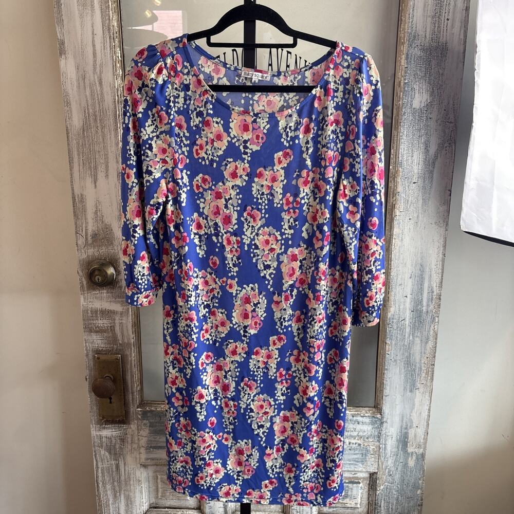 Mary Square Floral Dress Women Med Blue 3/4 Sleeve Retro Shift Mod Stretchy Midi